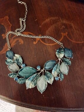Blue-Green Leaf Statement Necklace with Silver Chain